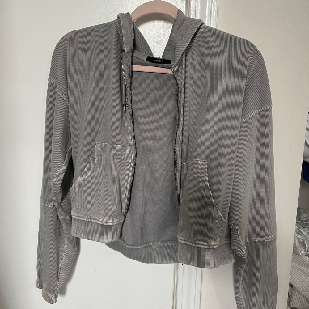 ribbed crop grey distressed zip up jacket hoodie forever 21 cropped jacket